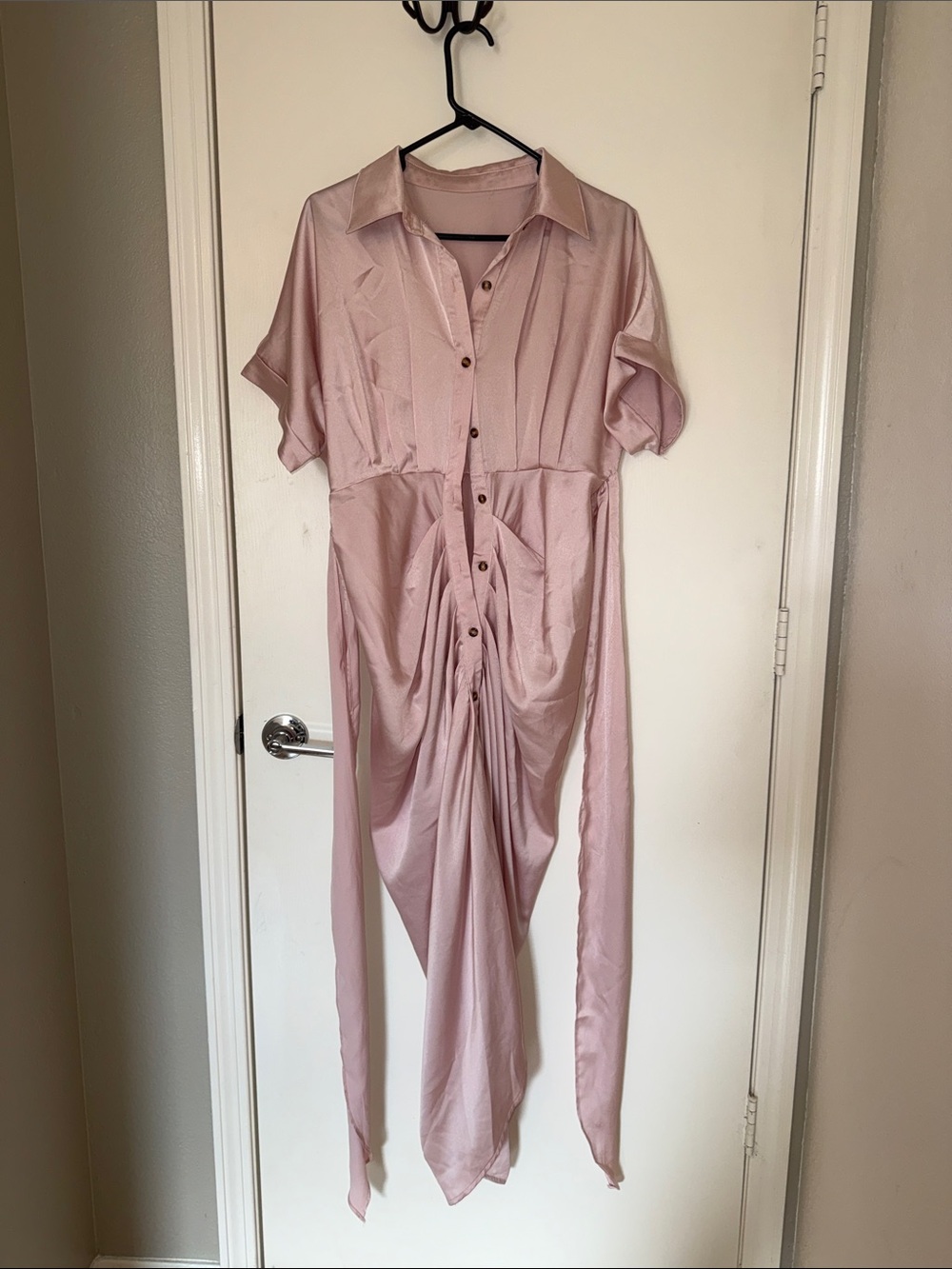 Women Satin Button Shirt Dress Summer Short Sleeve Ruched Bodycon Dress